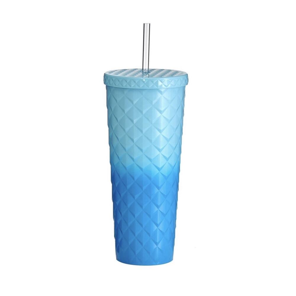 Mainstays 26oz Diamond Scale Textured Plastic Tumbler with Straw, Ombre Blue